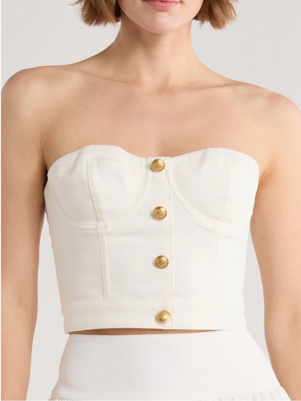 Alice + Olivia Off-White Strapless Bustier Top with Gold Buttons